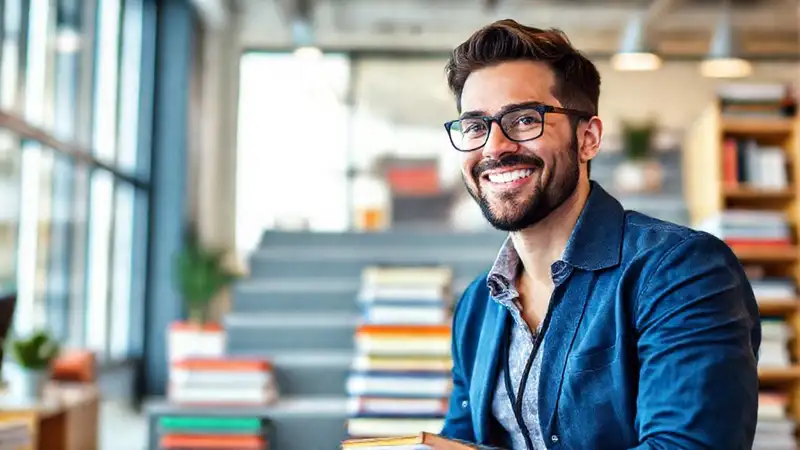 Psicólogo confiado ascende libros superando obstáculos
