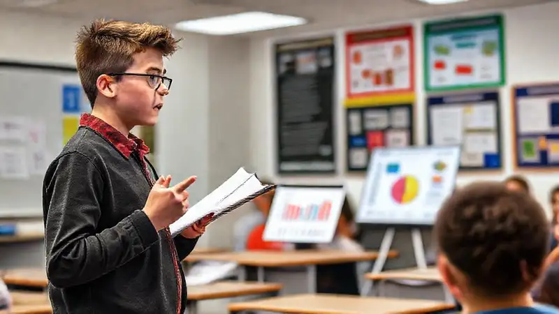 Estudiante de secundaria presenta con entusiasmo y colores