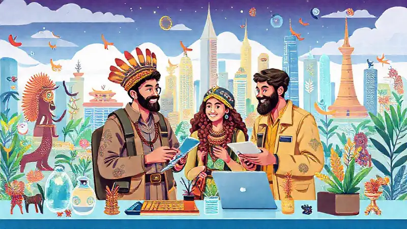 Antropólogos en ciudad moderna con símbolos culturales