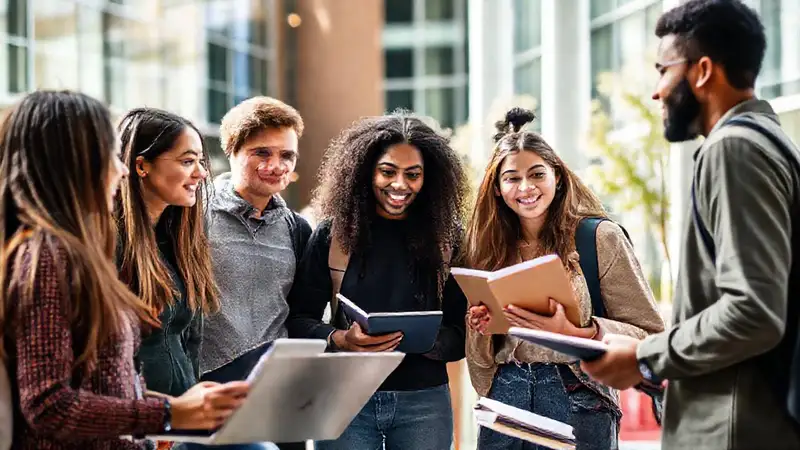 Estudiantes de antropología discuten en campus moderno