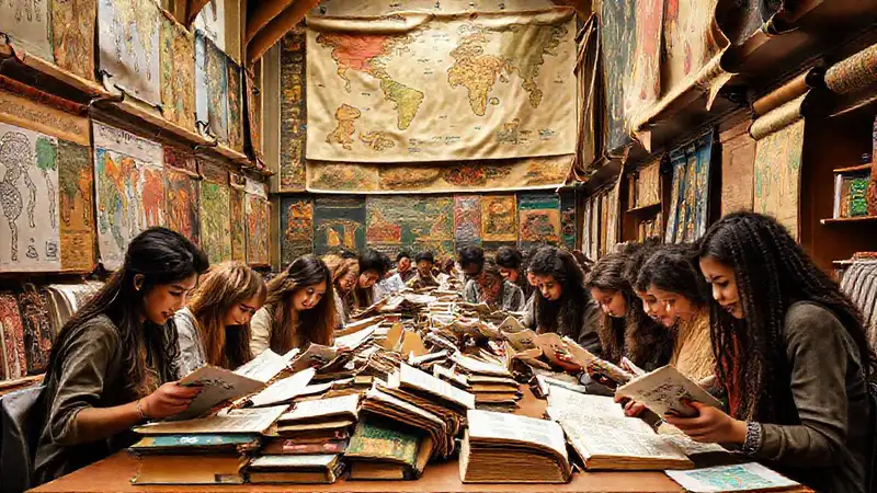 Estudiantes diversos en campus con temática antropológica