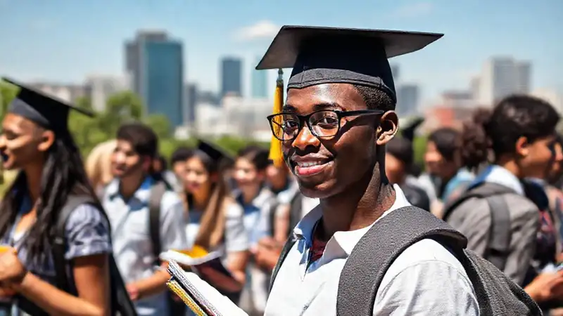 Estudiantes diversos en campus con vista urbana