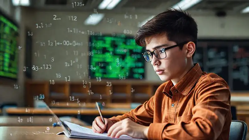 Estudiante estudiando matemáticas con hologramas digitales