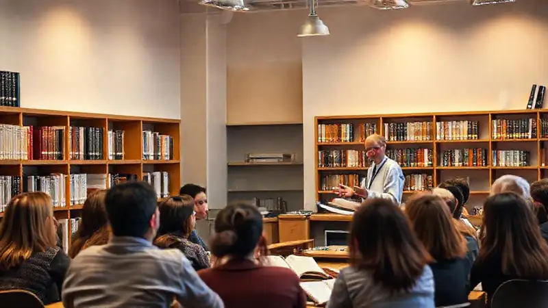 Profesor enseña en aula moderna y acogedora