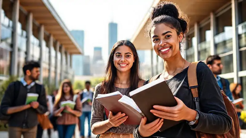 Estudiante en campus moderno con ciudad al fondo