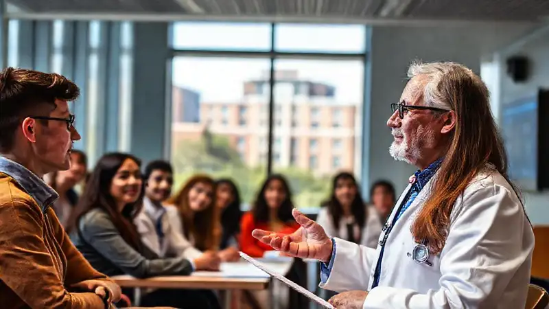 Profesor enseña en aula moderna con estudiantes diversos