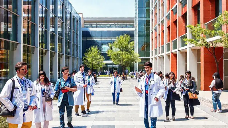 Campus universitario con estudiantes de medicina