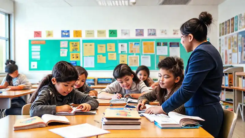 Estudiantes y profesor en aula moderna y positiva