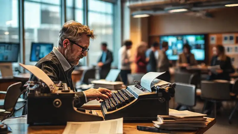 Historiador en oficina con tecnología moderna