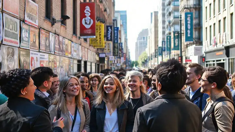 Grupo diverso discute en espacio urbano vibrante