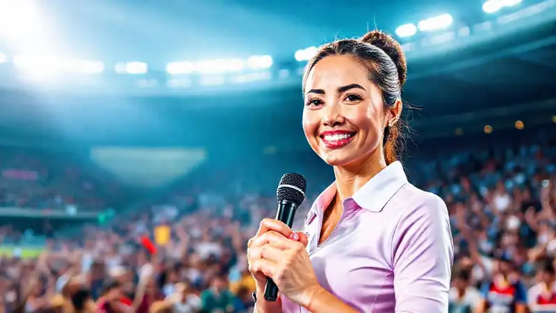 Periodista femenina fuerte en estadio deportivo