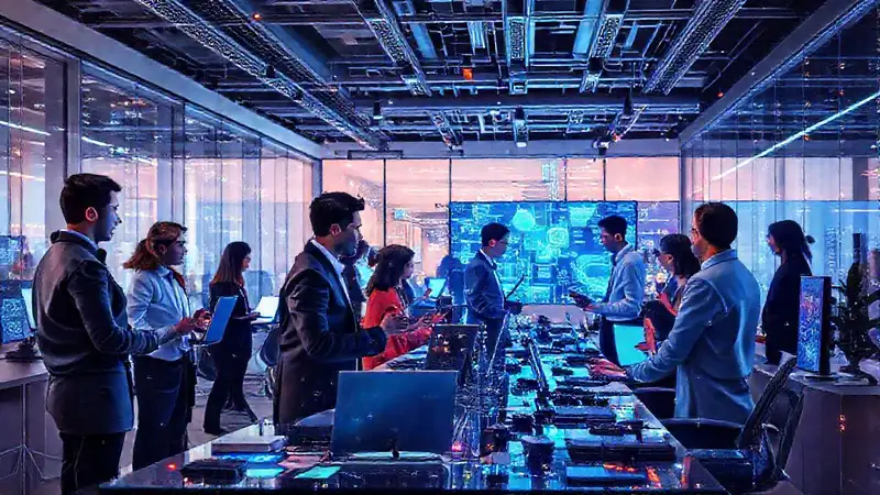 Oficina moderna con tecnología y colaboración diversa