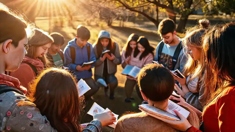Jóvenes compartiendo libros y rezando al aire