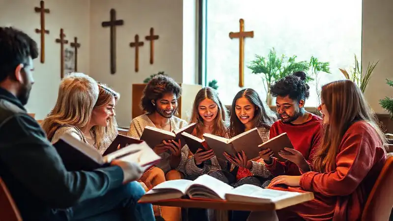 Estudiantes diversos estudian teología en ambiente acogedor