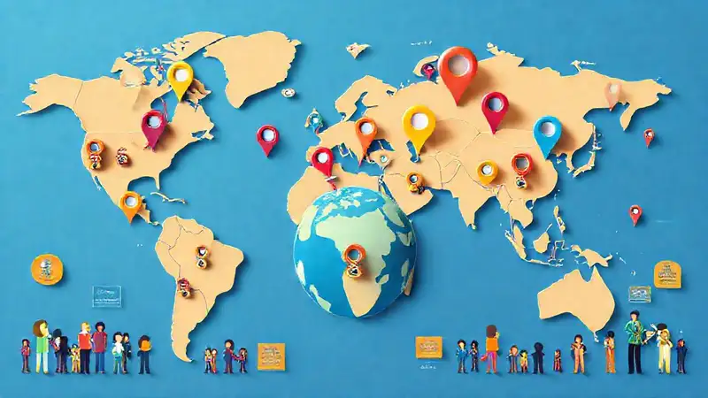 Mapa mundial con pins, medallas y celebración