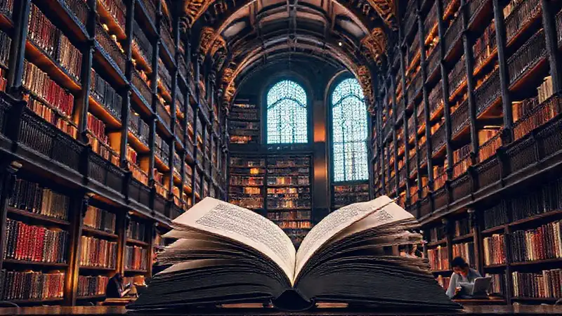 Biblioteca con libros, estudio y ambiente acogedor