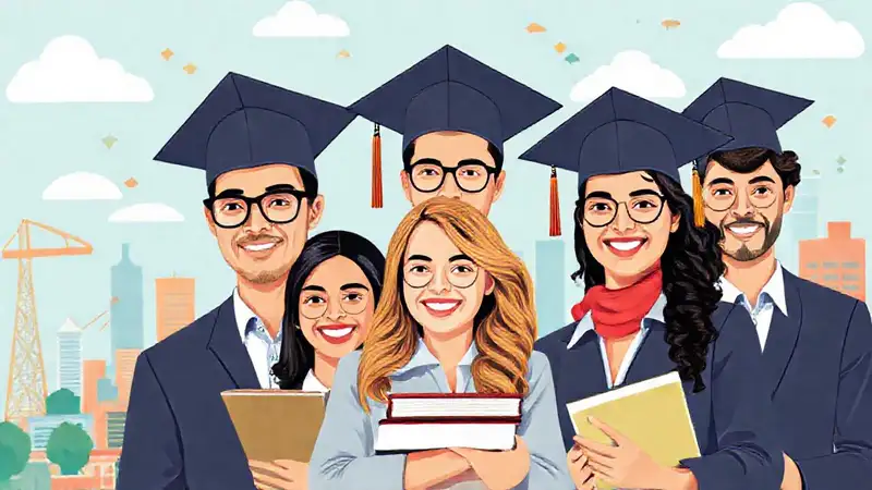 Grupo diverso, oportunidades, educación, ciudad, futuro brillante