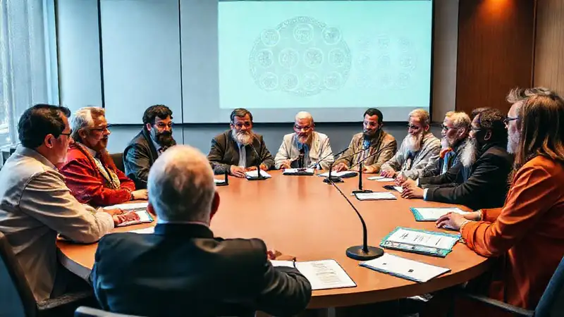 Expertos discutiendo en conferencia teológica