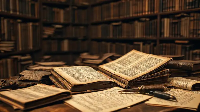 Biblioteca antigua con libros y manuscritos históricos