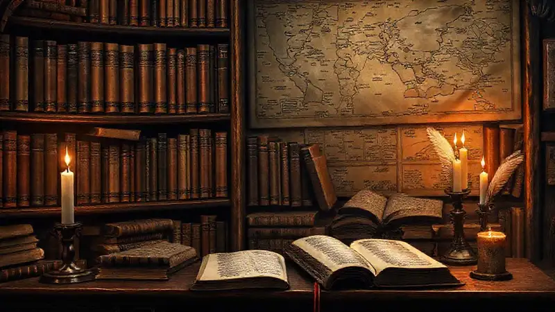 Estantería antigua con libros y velas