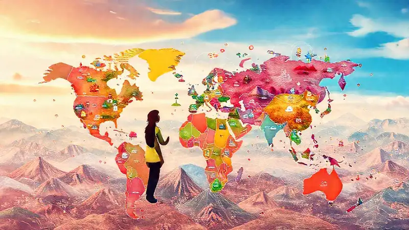 Mapa global con estudiantes intercambiando ideas