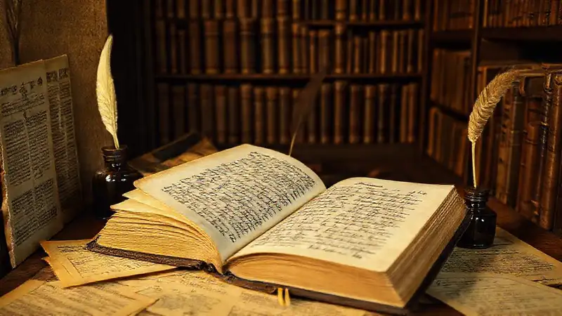 Biblioteca antigua con libros y plumas