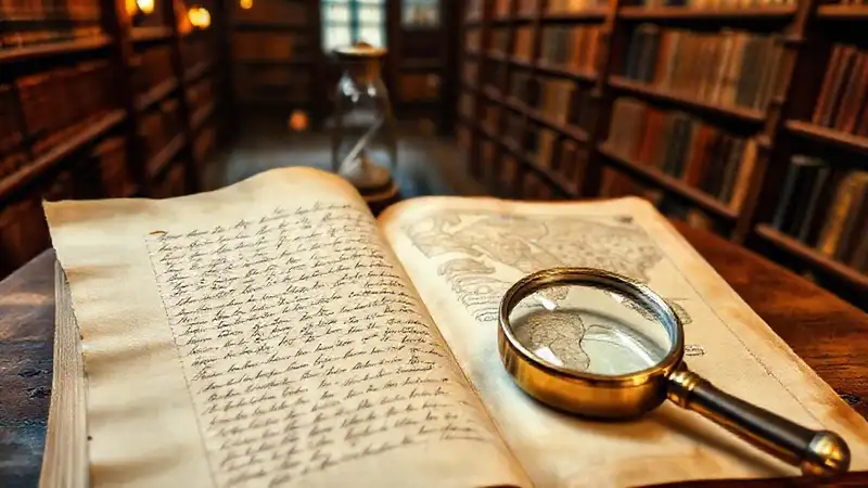 Documento antiguo con utensilios y libros históricos