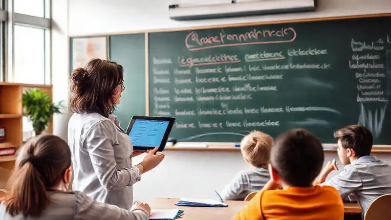 Maestro enseña gramática en aula moderna