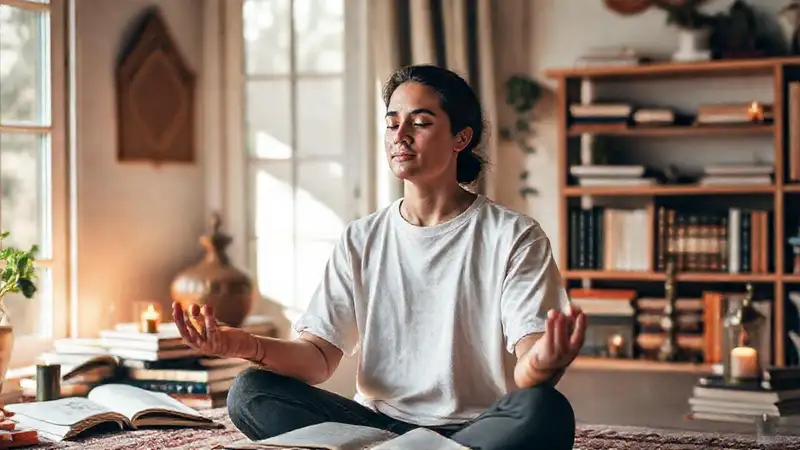 Persona tranquila meditando en espacio armonioso