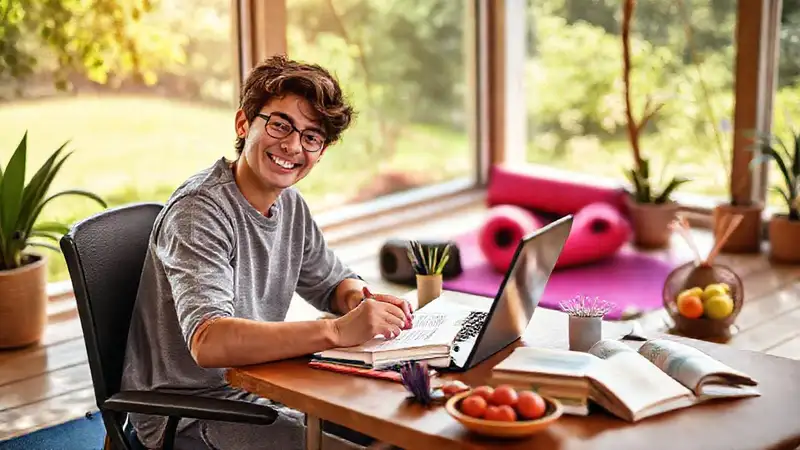 Estudiante equilibrado con estudio, yoga y naturaleza