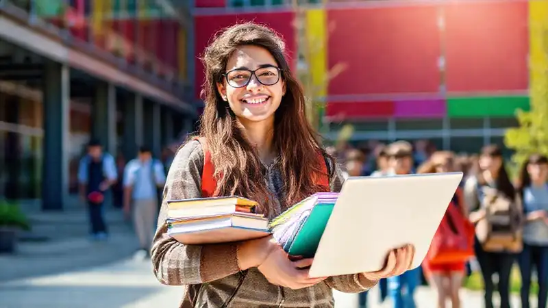 Estudiante feliz en campus universitario vibrante