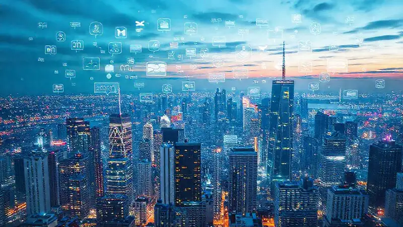 Ciudad moderna con tecnología e idiomas digitales