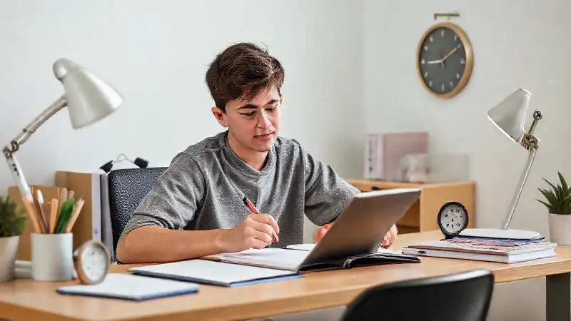 Estudiante organizado en espacio minimalista y calmado