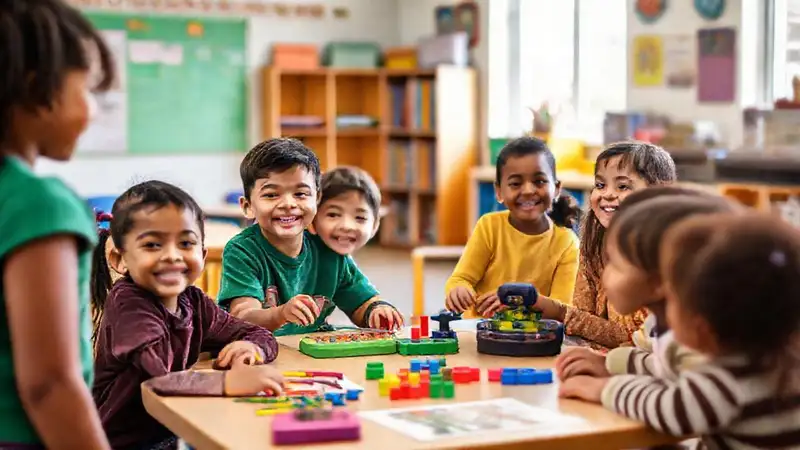 Estudiantes diversos aprenden en entorno inclusivo y vibrante