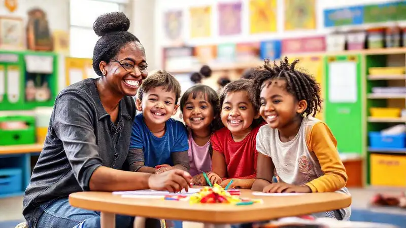 Niños y maestro colaboran en aula alegre