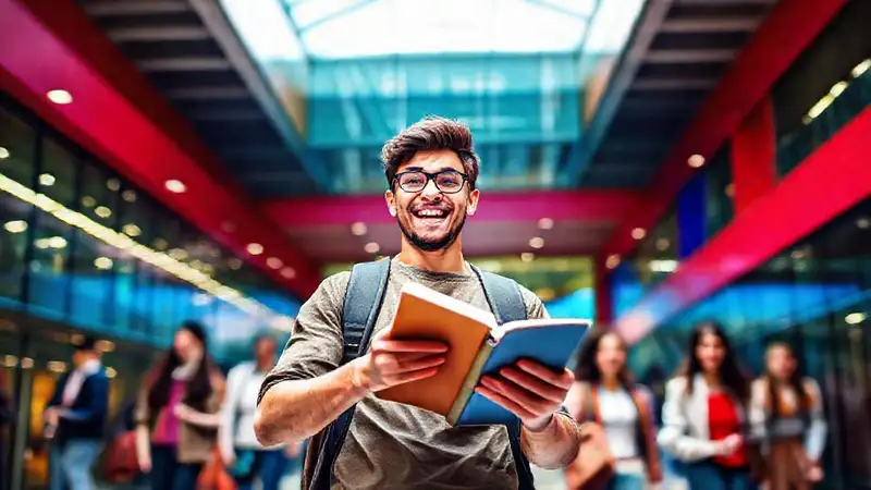 Estudiante motivado en universidad moderna y diversa