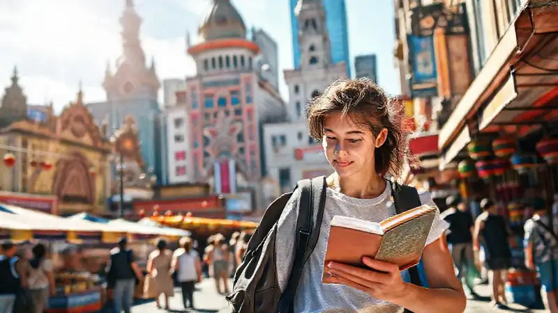 Estudiante explorando ciudad vibrante y cultural
