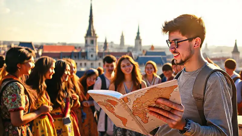 Estudiante leyendo en Europa con amigos diversos