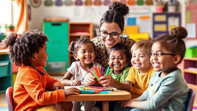 Maestro inclusivo con niños felices y diversos