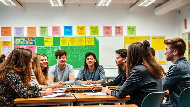 Estudiantes en taller de psicología en aula colorida