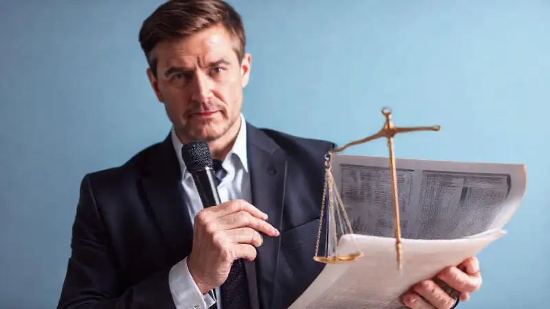 Periodista con símbolos de justicia y ética