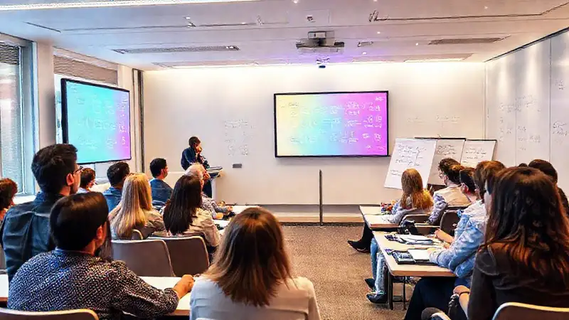 Sala de conferencia con matemáticos y presentaciones