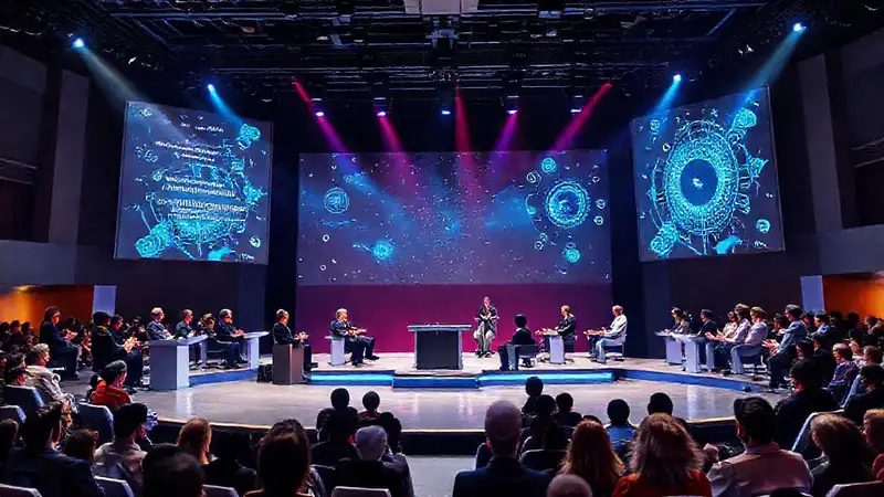 Escenario moderno con teólogos y científicos innovadores