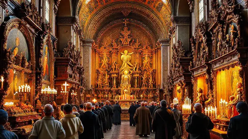 Feria de arte religioso con iconos y sculptures