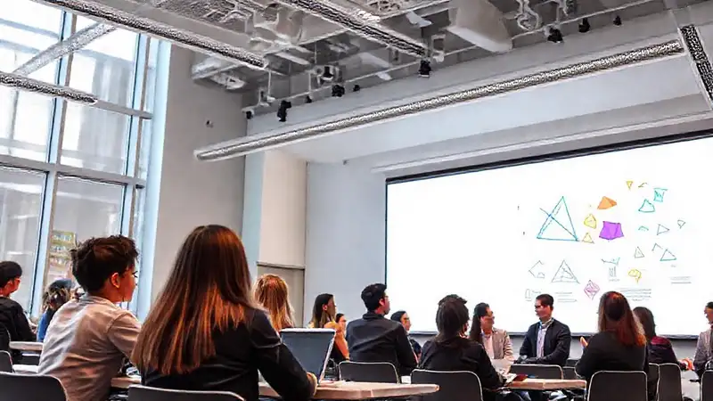 Aula moderna con estudiantes y herramientas digitales