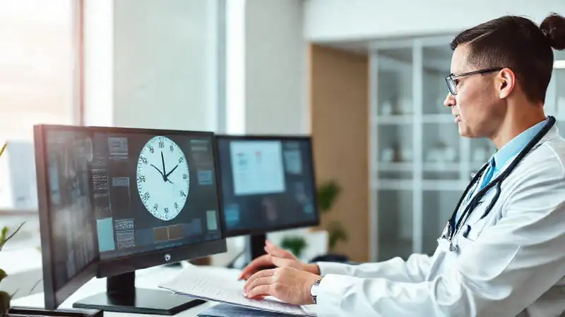 Profesional de salud trabaja con tecnología y organización