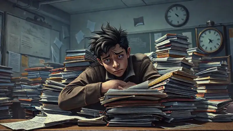 Estudiante agotado con libros y tarea sobrecargada