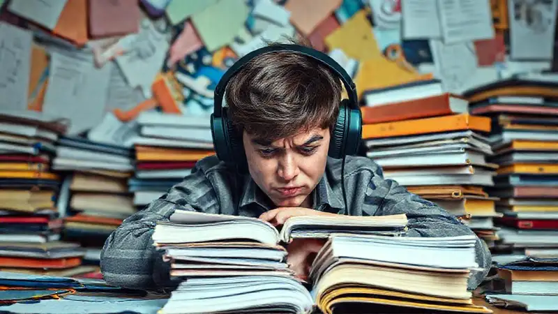 Estudiante estresado con libros y tareas