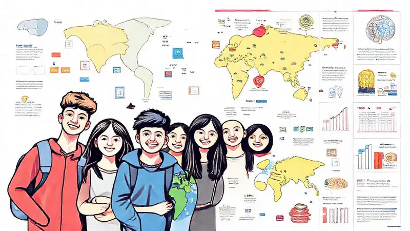 Libro educativo con estudiantes, mapas y gráficos coloridos