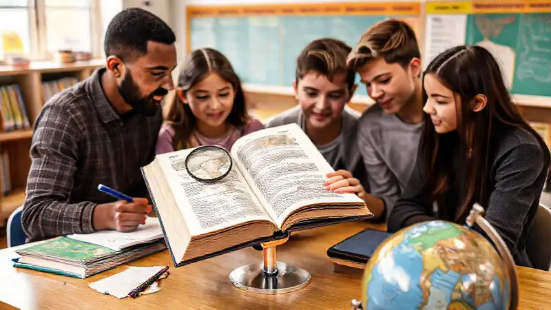 Estudiantes estudian con libro y herramientas digitales